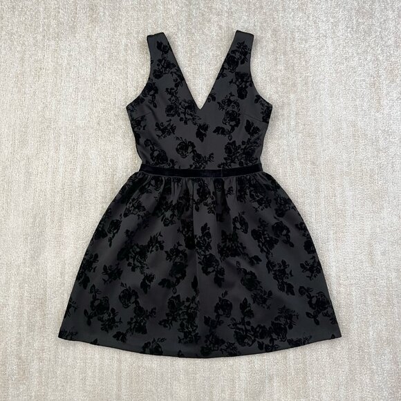 Aqua Floral Black Velvet Cocktail Party Mini Dress M - Picture 1 of 12
